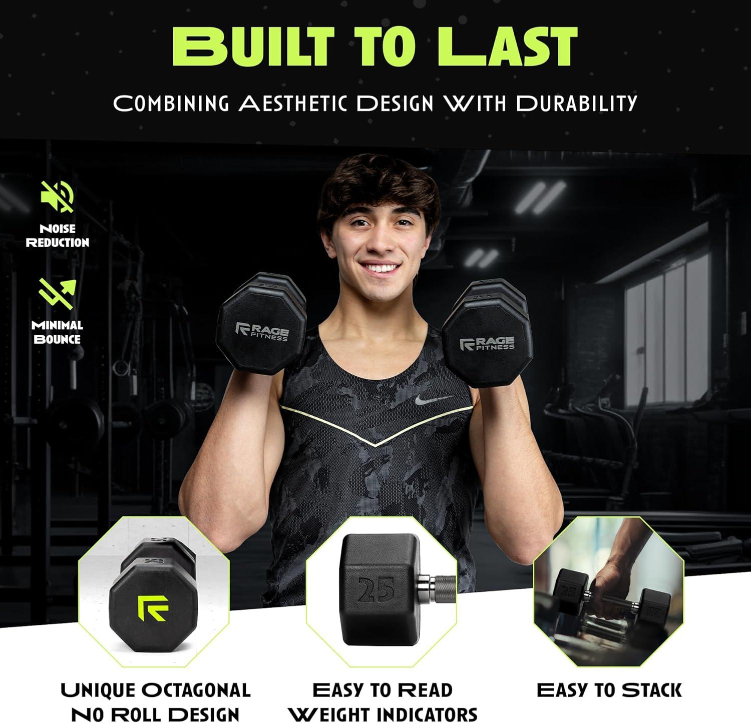 image:imageRubber Coated Dumbbells No Roll Design EasyGrip Steel Knurled Handle Weights Dumbbells Set for Strength Training Ideal Weights Set for Home Gym 1060 LBS SOLD INDIVIDUALLYGreen Octo