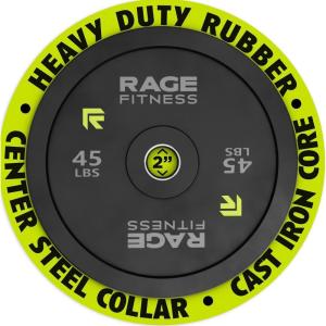Rage Fitness Olympic Bumper Plate (10lb, 15lb, 25lb, 35lb, 45lb – SOLD INDIVIDUALLY), Rubber Formula With Steel Insert, Strength Training, Bench Press, Squats, Powerlifting, Weight Training, Home Gym