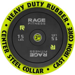 Rage Fitness Olympic Bumper Plates, Rubber Formula With Steel Insert (10lb, 15lb, 25lb, 35lb, 45lb – SOLD INDIVIDUALLY), Olympic Weight Plates for Strength Training, Bench Press, Squats, Powerlifting(15 lb)